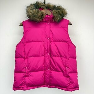 Vintage Gap size Large Women’s Pink Faux Fur Removable Hood Down Puffer Vest